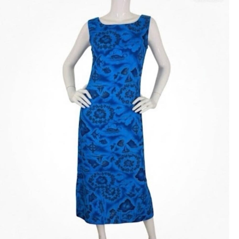 Vtg 1960s Ui-Maikai Hawaiian Dress Blue Island Map Print Midi Small Mod Beach